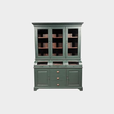 Teak pine green grocer's cupboard with display cabinet and drawers - country-style sideboard