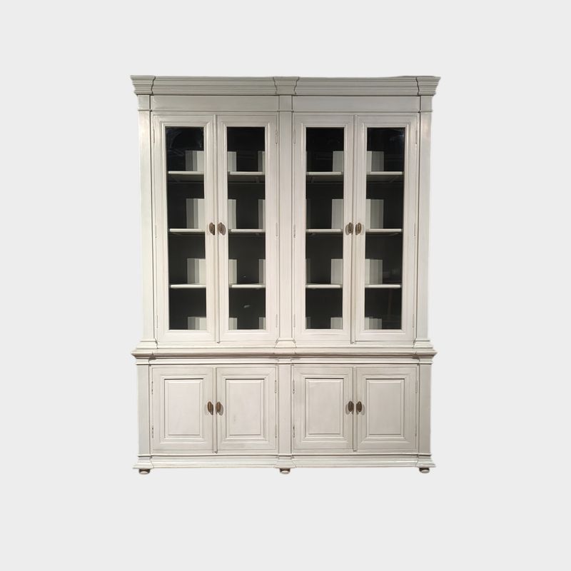 Extra hoge buffetkast 242 cm leemkleur – landelijke vitrinekast voor hoge plafonds Buffetkast warme grijze tint met vitrinedeuren en opbergruimte - Extra hoog model