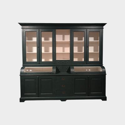 Küchenschrank aus Teakholz, Kieferngrün, mit gewölbten Glasklappen, Sideboard im Landhausstil mit Schubladen