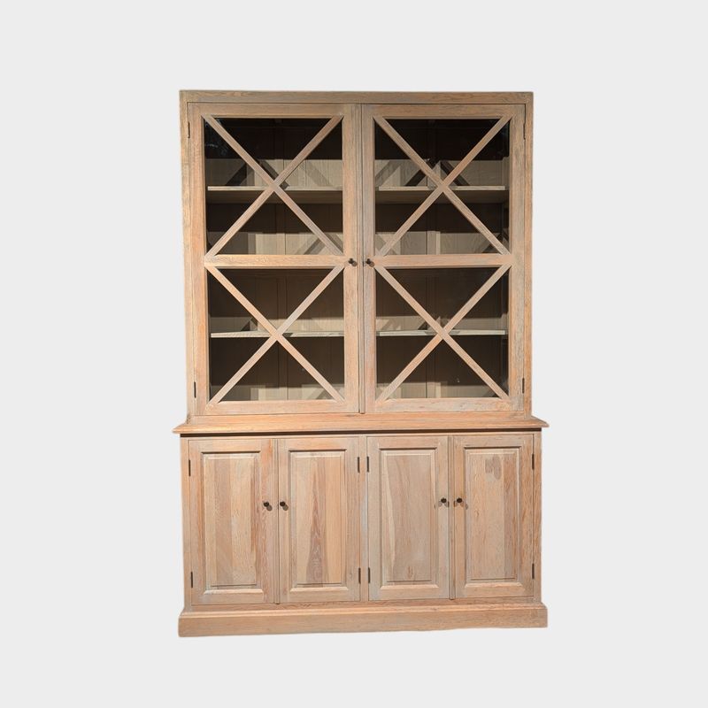 Vitrinekast eikenhout landelijk – buffetkast met kruislings glas en opbergruimte Eikenhouten buffetkast landelijk - vitrinekast met kruislings glas en opbergruimte