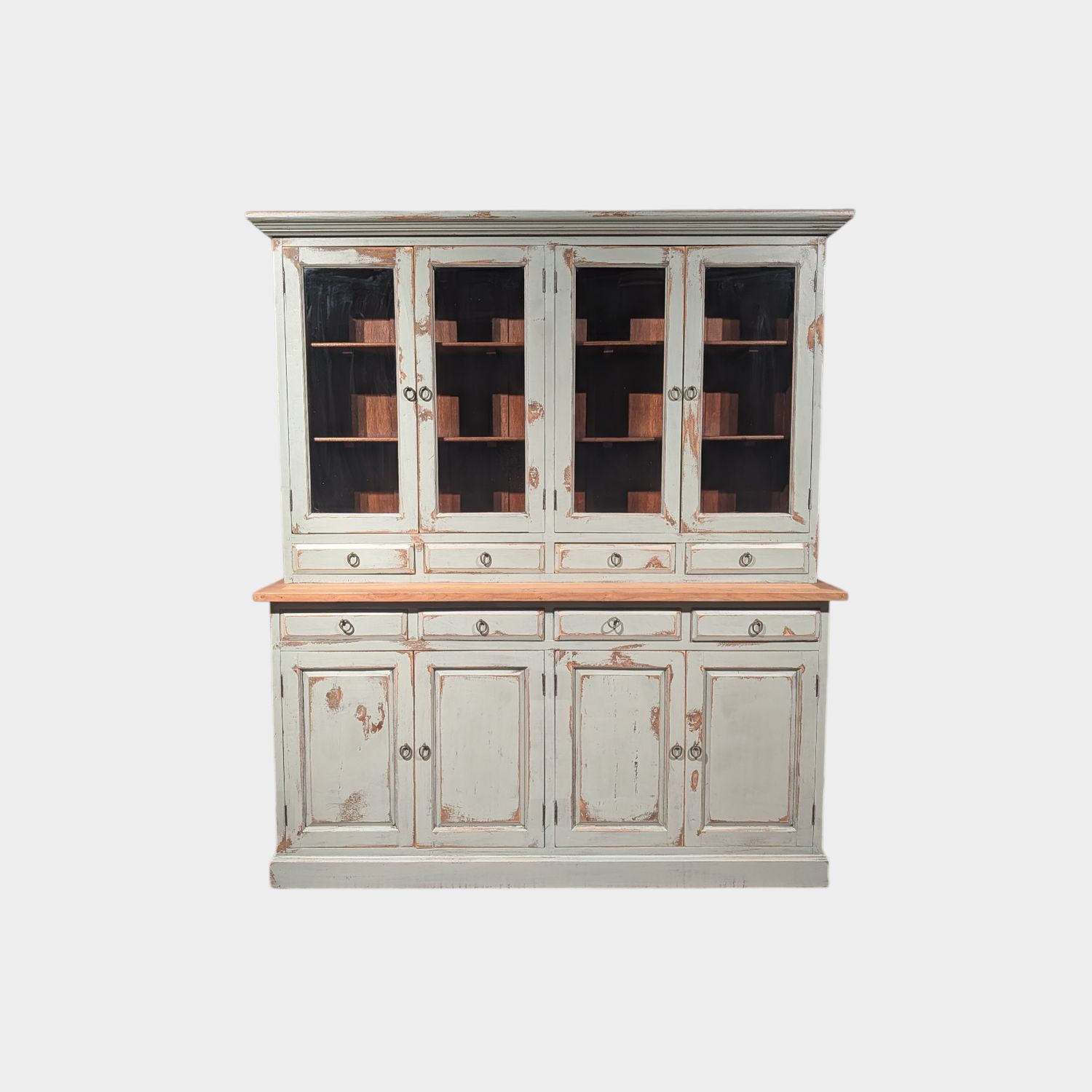 Teakhouten buffetkast in grijze old look met vitrinekast en lades, landelijke stijl, massief teak