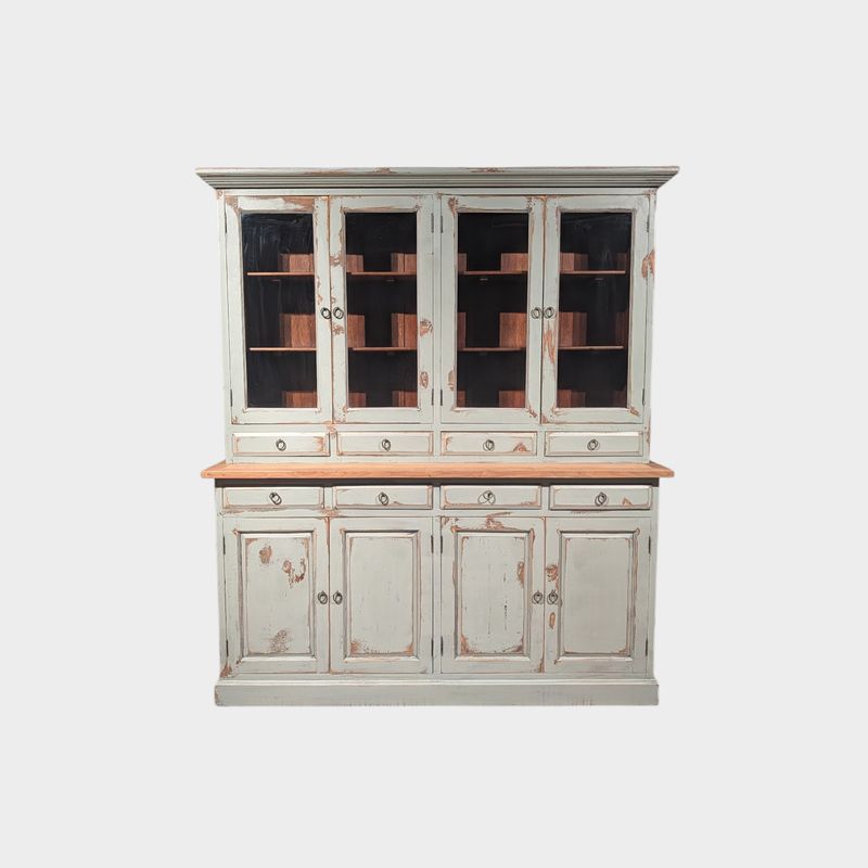 Buffetkast teak grijs old look – landelijke vitrinekast met opbergruimte Teakhouten buffetkast in grijze old look met vitrinekast en lades, landelijke stijl, massief teak