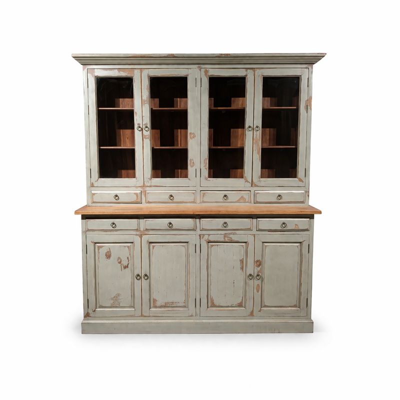 Buffetkast teak grijs / groene tint old look – landelijke vitrinekast