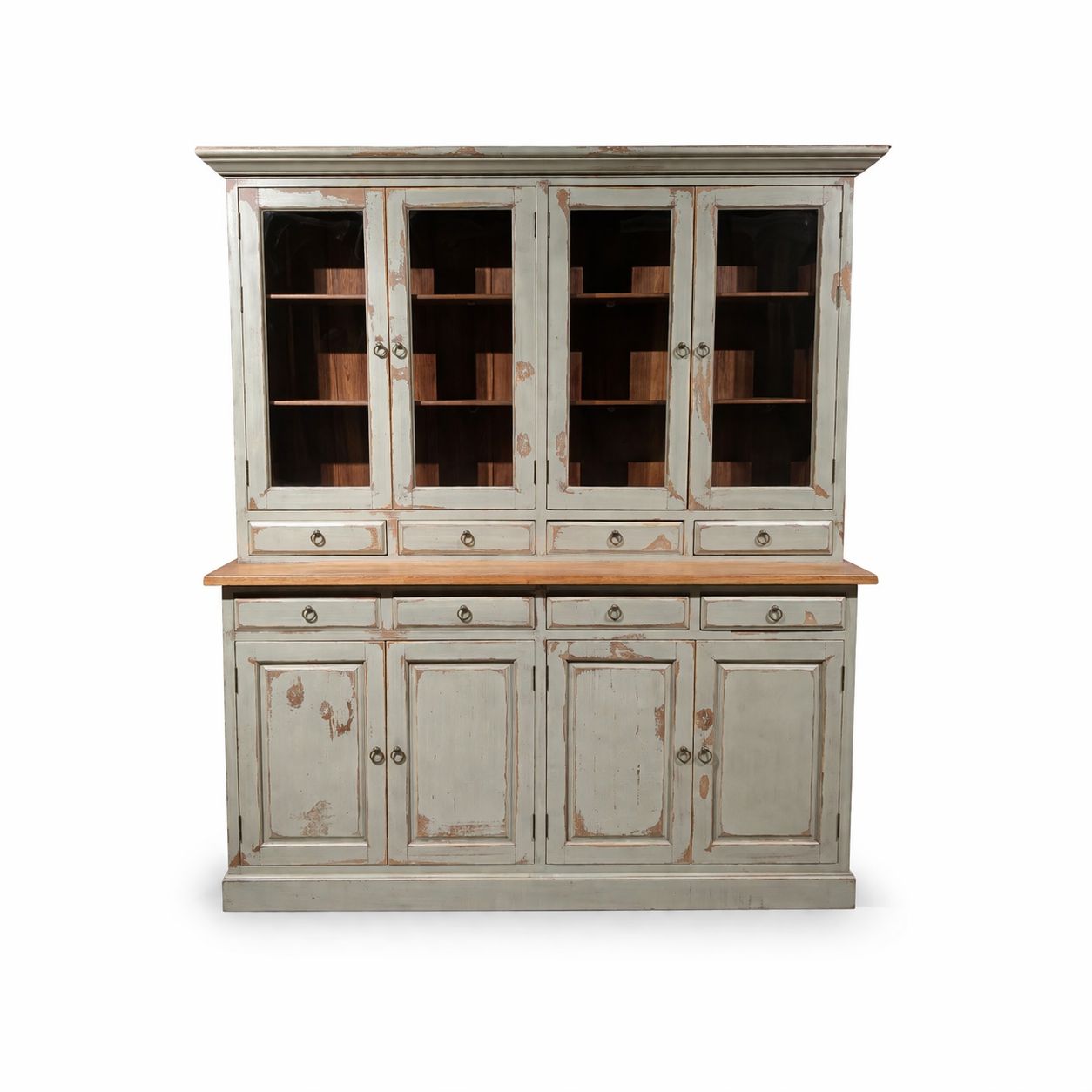 Buffetkast teak grijs / groene tint old look – landelijke vitrinekast