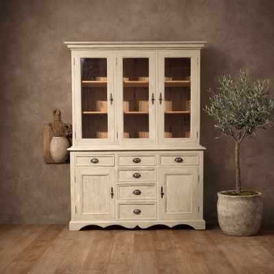 Buffetkast grenen vitrinekast beige kalkverf vitrinekast 