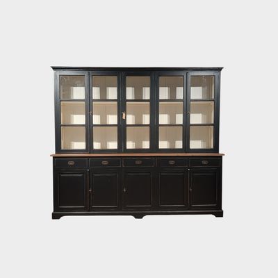 Teakhouten buffetkast zwart – landelijke vitrinekast met crèmewitte binnenzijde