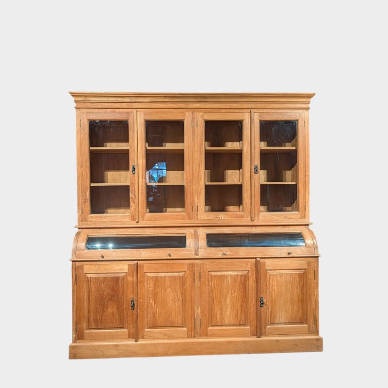 Grutterskast teak massief buffetkast vitrinekast kruidenierskast Bastiaankast 202 cm Solid teak grocer's cabinet with display doors and domed glass flaps