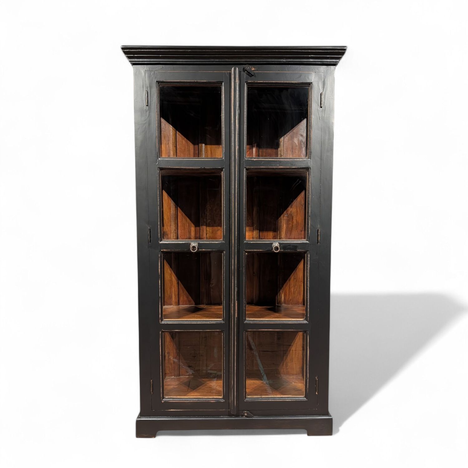 Vitrinekast Teakhout Koloniaal Zwart met Glasdeuren en Zijramen Vitrine coloniale en teck avec portes vitrées et fenêtres latérales