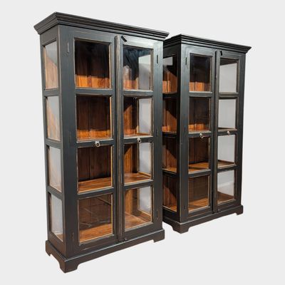 Vitrinekast Teakhout Koloniaal Zwart met Glasdeuren en Zijramen