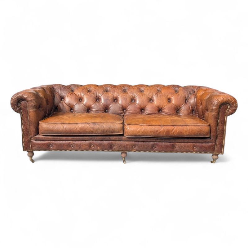 Vintage Chesterfield sofa cognac brown leather 2.5 seater with brass wheels - Country Chesterfield sofa - Delivery NL & BE