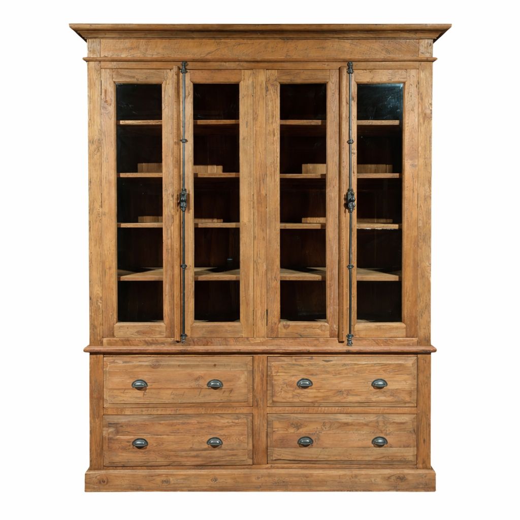 Natural teak buffet, rustic display cabinet with espagnolet lock and drawers