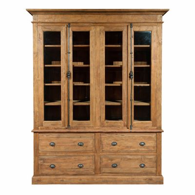 Natural teak buffet, rustic display cabinet with espagnolet lock and drawers