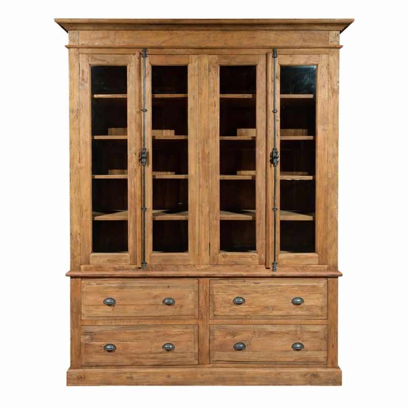 Natural teak buffet, rustic display cabinet with espagnolet lock and drawers