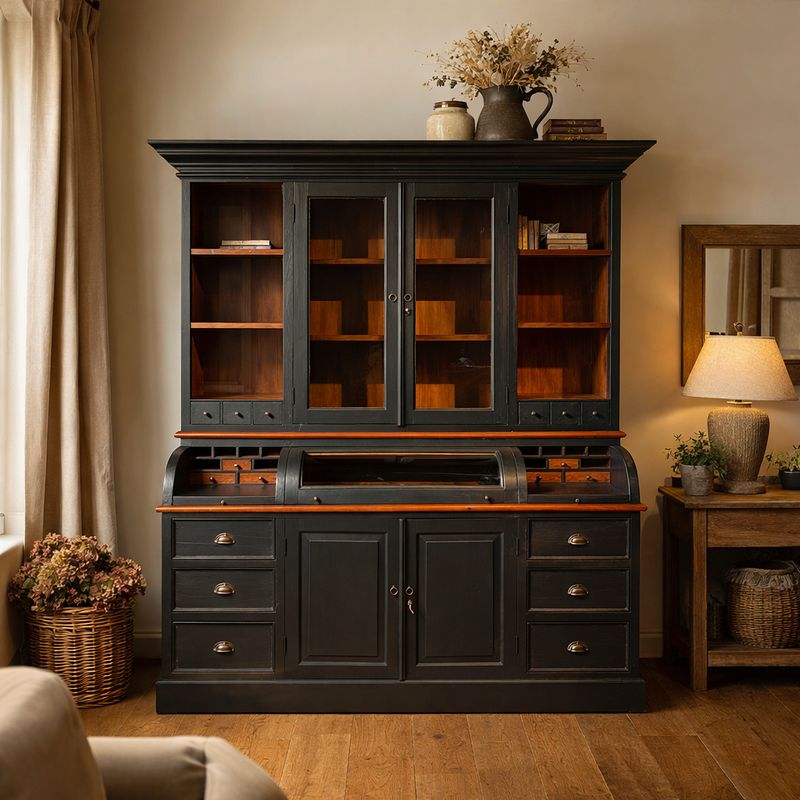 Buffet colonial en teck noir mat, vitrine Bastiaanskast 208 cm