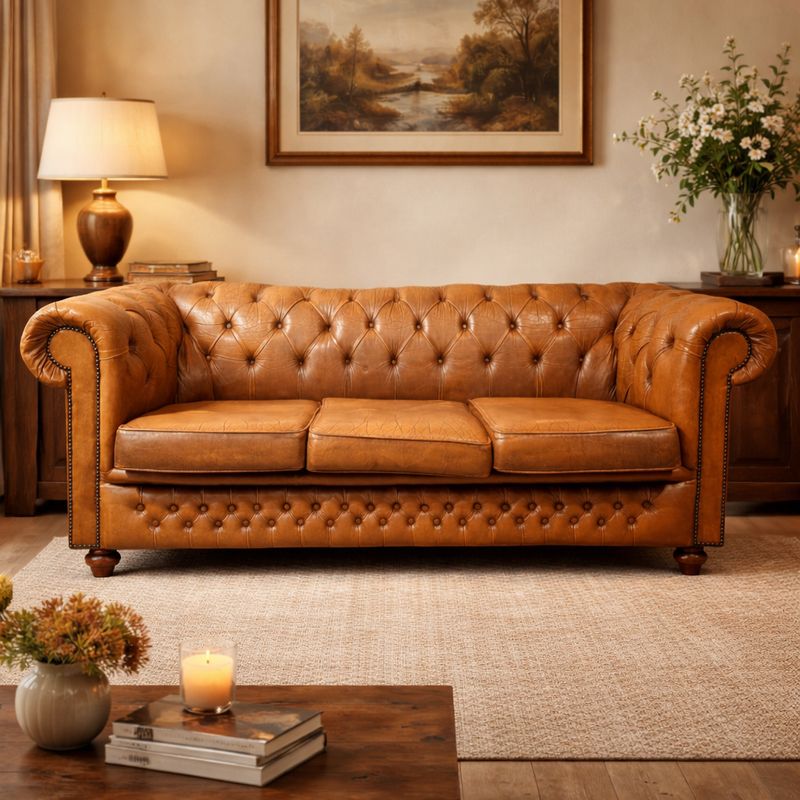 Chesterfield bank cognac leer originele klassieke bank 201 cm