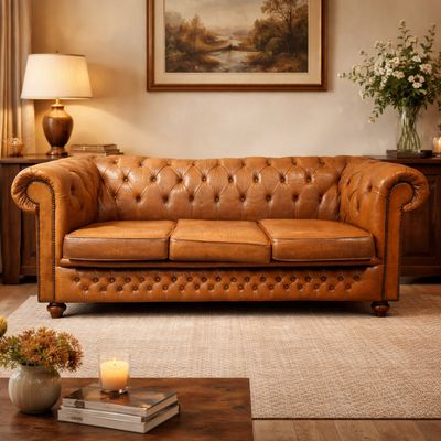 Chesterfield bank cognac leer originele klassieke bank 201 cm