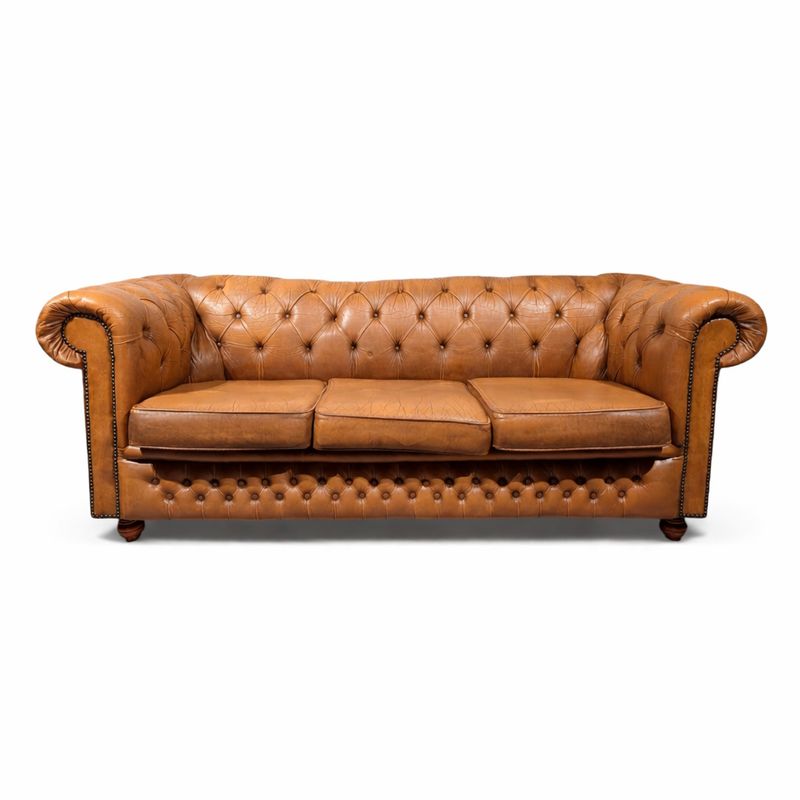 Chesterfield-Sofa, cognacfarbenes Leder, originales klassisches Sofa, 201 cm, Knopfheftung, Wohnzimmer im Landhausstil, Luxus