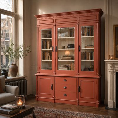 Buffetkast teakhout terracotta vitrinekast met lades landelijk