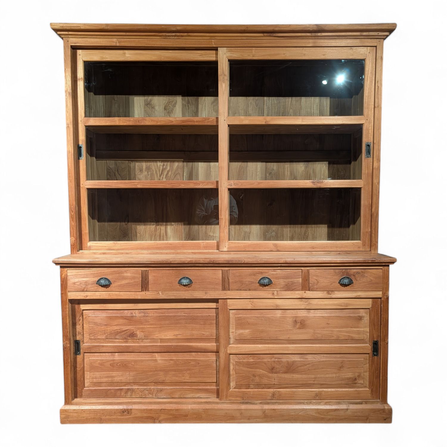 Buffetkast teakhout 220 cm – landelijke vitrinekast met lades en restyling op maat mogelijk