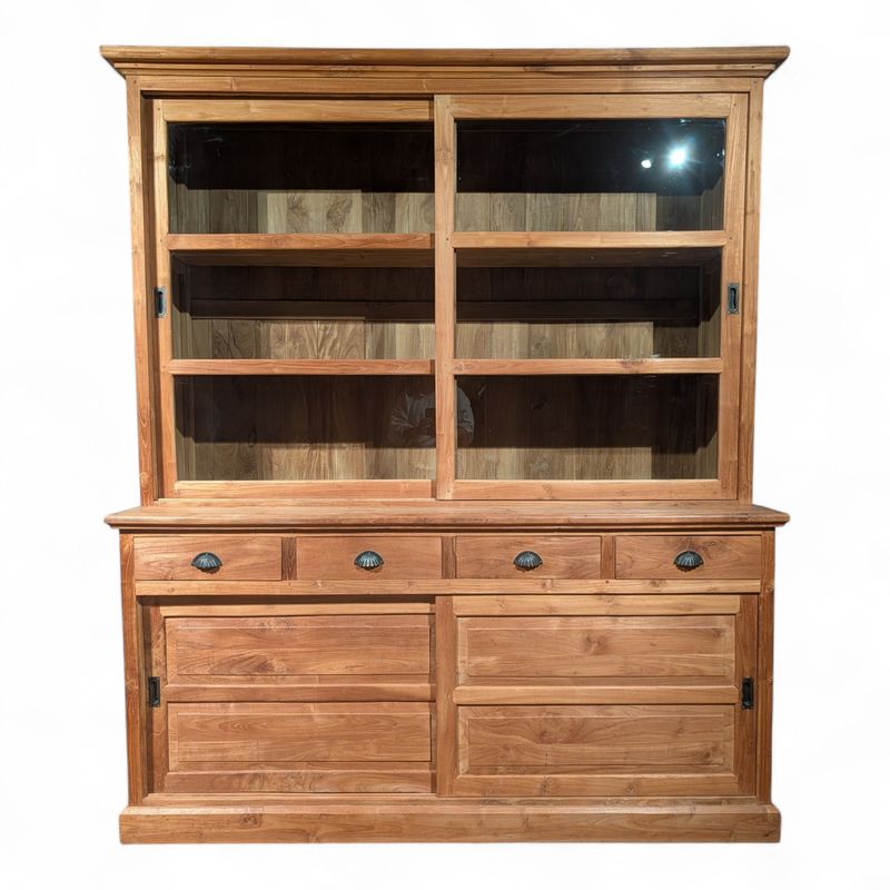 Buffetkast teakhout 220 cm – landelijke vitrinekast met lades en restyling op maat mogelijk