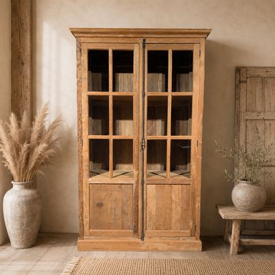 Vitrinekast teak massief landelijk – hoge buffetkast 230 cm met espagnoletslot