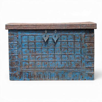 Grote houten opbergkist landelijk - Authentieke India kist blauw Grote houten opbergkist landelijk - Authentieke India kist blauw