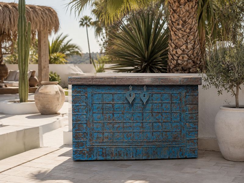 Grote houten opbergkist landelijk - Authentieke India kist blauw