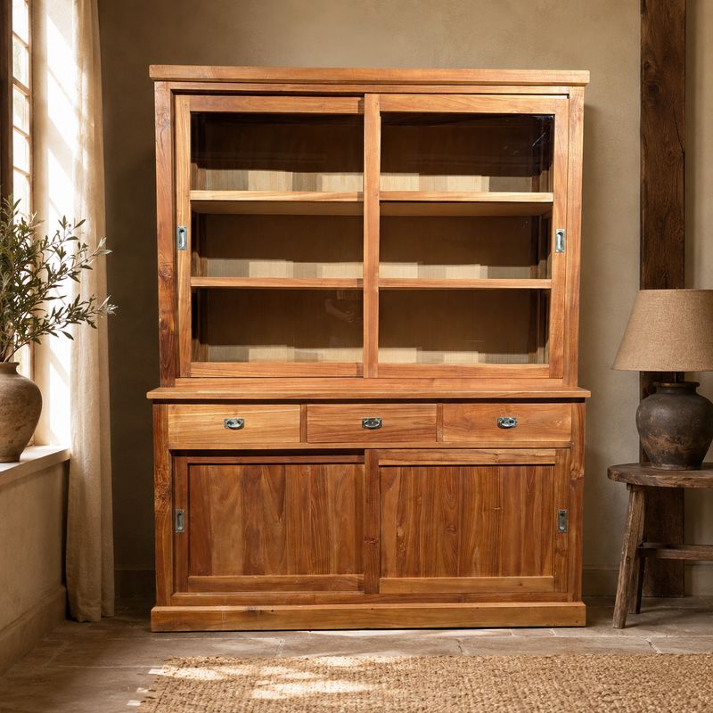 Buffetkast teakhout met schuifdeuren – Vitrinekast 160 cm