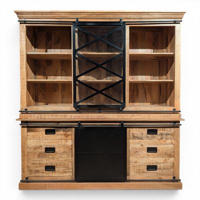 Buffetkast Mangohout Industrieel | Metalen Roldeuren | 6 Lades | H201 x B190 x D45 cm