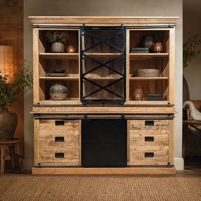 Buffetkast Mangohout Industrieel | Metalen Roldeuren | 6 Lades | H201 x B190 x D45 cm