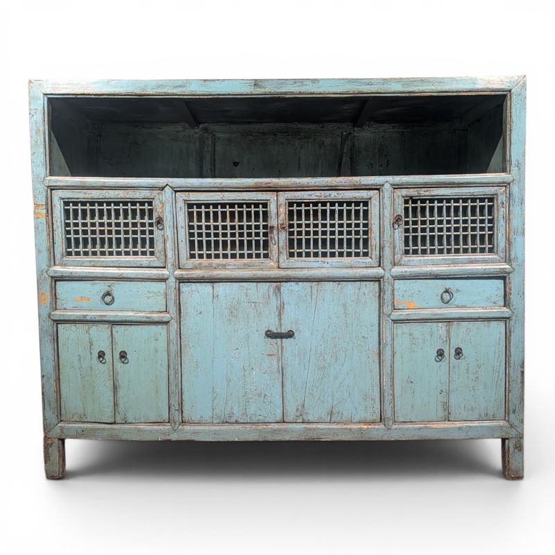 Buffetkast Teakhout Ibiza Stijl – Oude Chinese Wandkast – Blauwe Landelijke Keukenkast – H144 x B173 cm