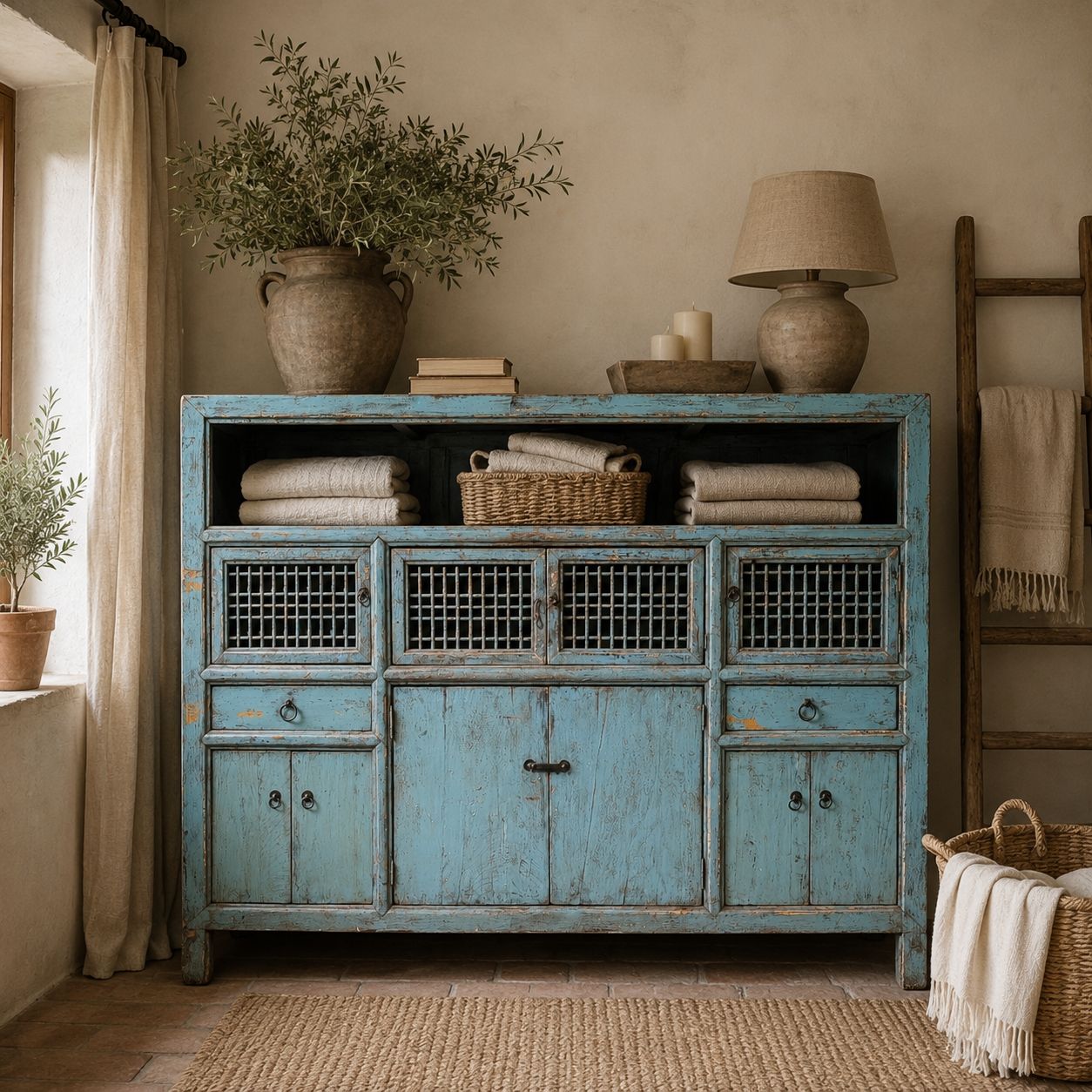 Authentieke Chinese dressoirkast van oud hout met roosterdeuren, ideaal als landelijke koffiecorner of sideboard.