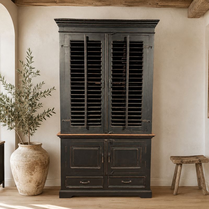 Buffetkast teakhout zwart | Landelijke Buffetkast met Louvredeuren & Shutters | Massief teakhout | H230 x B130 x D61 cm