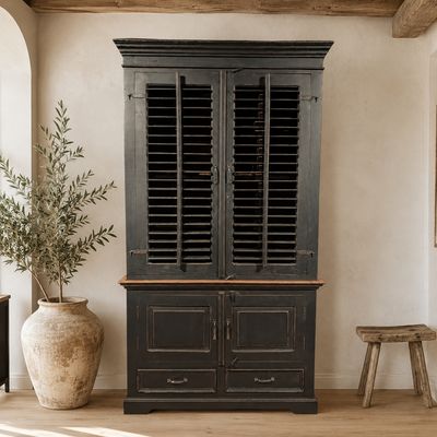 Buffetkast teakhout zwart | Landelijke Buffetkast met Louvredeuren & Shutters | Massief teakhout | H230 x B130 x D61 cm