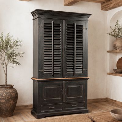 Buffetkast teakhout zwart | Landelijke Buffetkast met Louvredeuren & Shutters | Massief teakhout | H230 x B130 x D61 cm Massief Teakhouten Kast Zwart met Louvredeuren – Landelijke Buffetkast van Teakhout