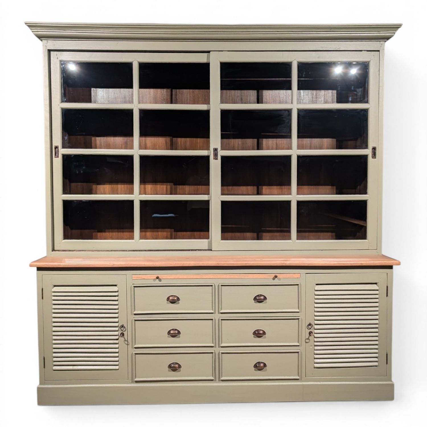 Landelijke buffetkast van massief teakhout met matte groene lak, 230 x 230 x 56 cm