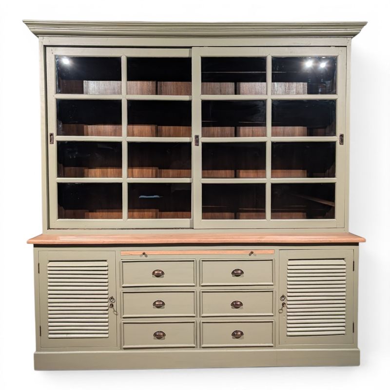 Landelijke buffetkast van massief teakhout met matte groene lak, 230 x 230 x 56 cm