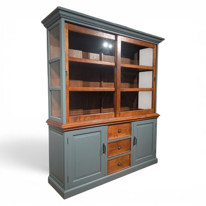 Buffetkast Teakhout Landelijk Blauwgrijs – Vitrinekast Massief Hout – Vintage Servieskast – H224 x B200 x D54 cm – Chic Blue Grey