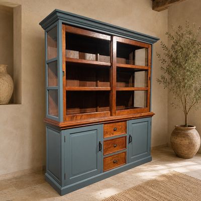 Buffetkast Teakhout Landelijk Blauwgrijs – Vitrinekast Massief Hout – Vintage Servieskast – H224 x B200 x D54 cm – Chic Blue 