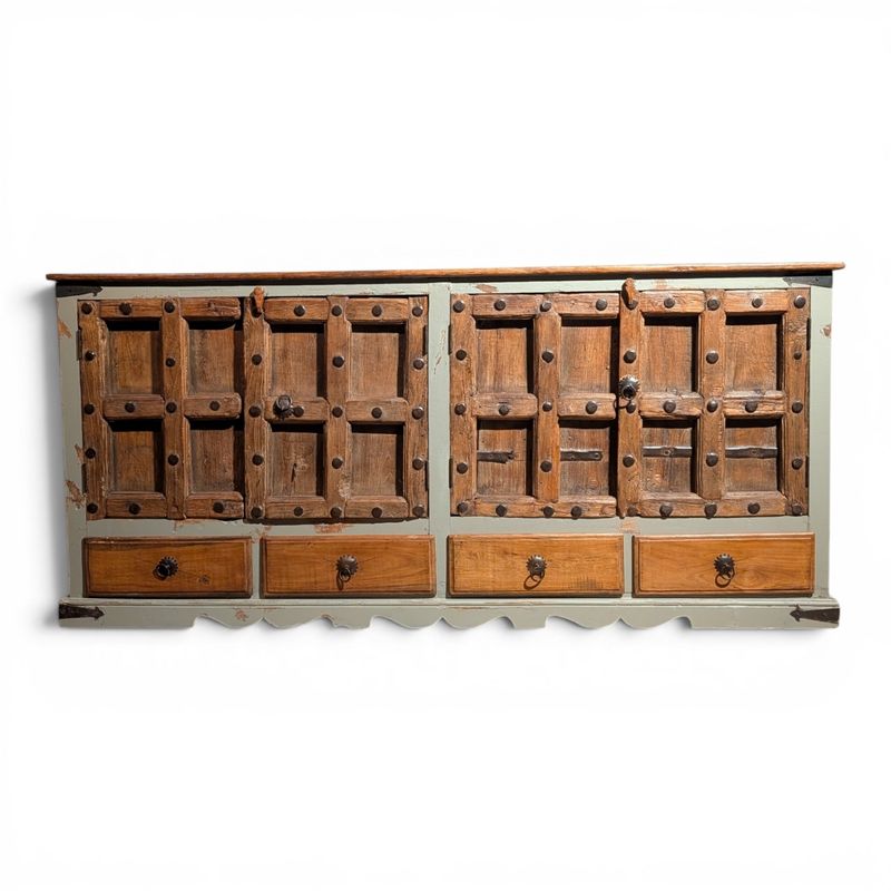 Massief Teakhouten India Dressoir Landelijk Ibiza Zandkleur 4 Deuren 4 Lades  H95 x B209 x D53 cm