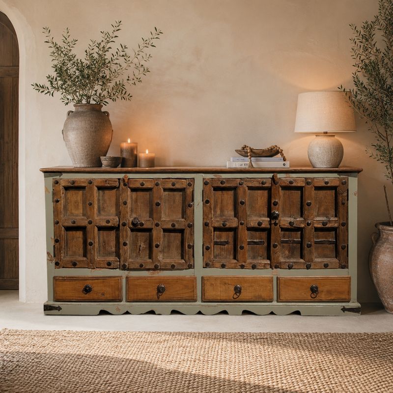 Massief Teakhouten India Dressoir Landelijk Ibiza Zandkleur 4 Deuren 4 Lades  H95 x B209 x D53 cm