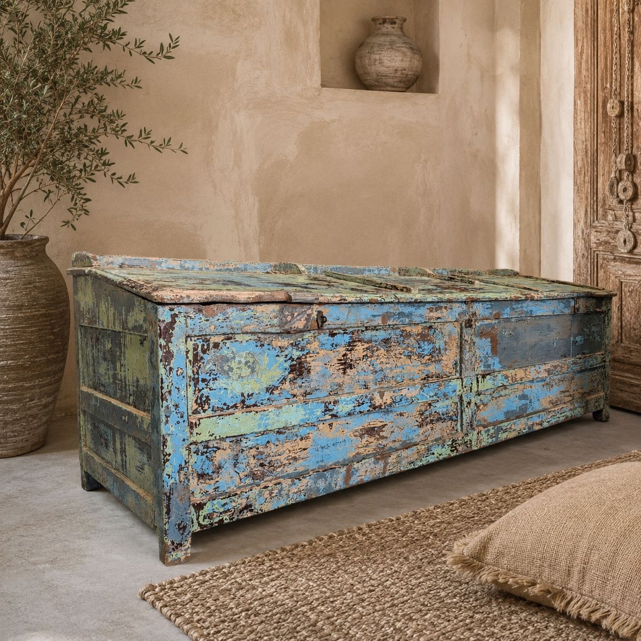Houten dekenkist | Grote opbergkist | Vintage houten kist | Originele patina | Landelijk | Ibiza stijl