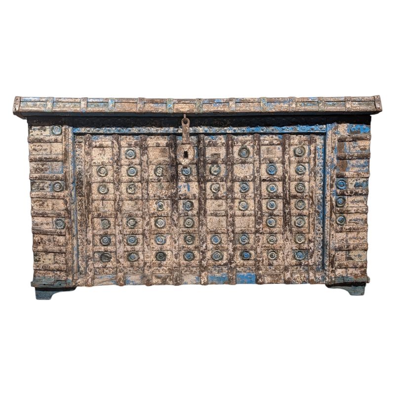 India dekenkist hout | Oude houten dekenkist blauw gepatineerd | Gangkist | Halkist | Speelgoedkist | Opbergkist landelijk | 146 cm