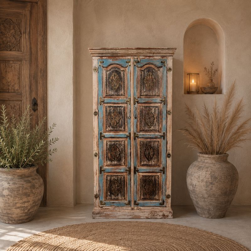 India kast hout | Smalle opbergkast | Landelijke kast | Ibiza kast | Bohemian kast | Massief houten kast | Handgemaakt | H180 x B90 cm