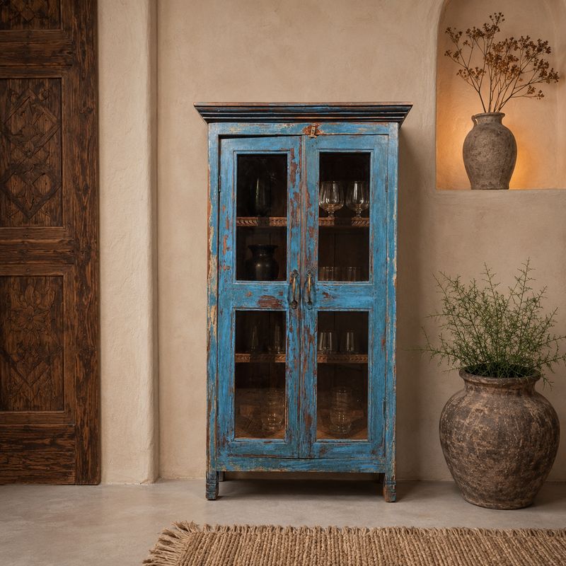 Vitrinekast blauw hout | Ibiza vitrinekast | Smalle kast | Drankenkast | Halkast | Landelijke vitrinekast | 123 cm