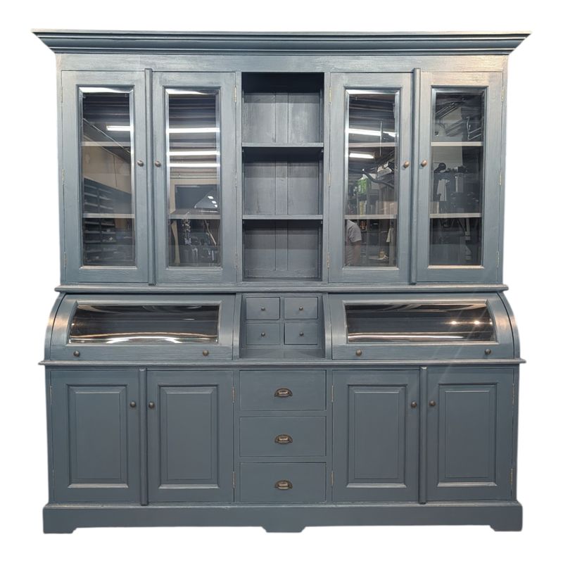 Grutterskast blauw – buffetkast met facetglas - vitrinekast teakhout