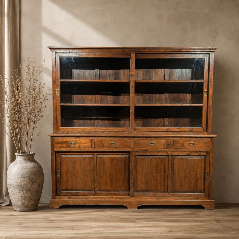Buffetkast Teakhout – Vitrinekast Koloniaal met 4 Lades – 228 cm