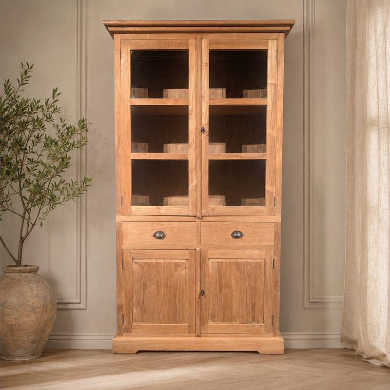 Vitrinekast teakhout 118 cm | Buffetkast teak met glasdeuren &amp; lades | H 210 cm