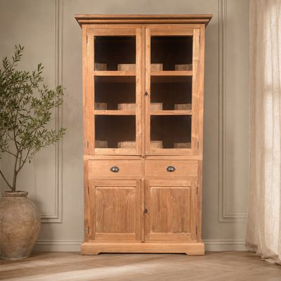 Vitrinekast teakhout 118 cm | Buffetkast teak met glasdeuren &amp; lades | H 210 cm