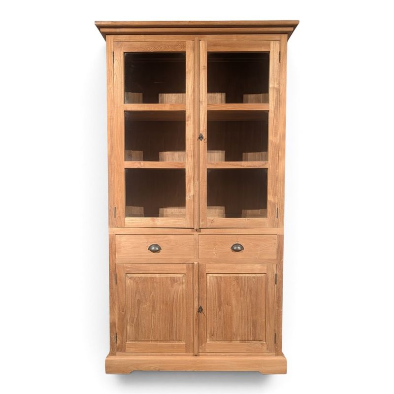 Vitrinekast teakhout 118 cm | Buffetkast teak met glasdeuren &amp; lades | H 210 cm